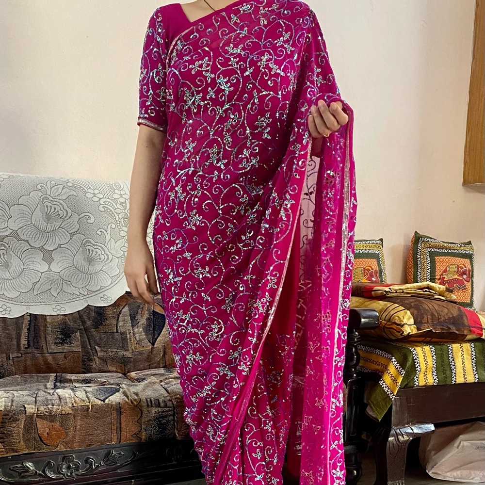 Brand New Gorgeous purplish pink bright heavy sequins work saree